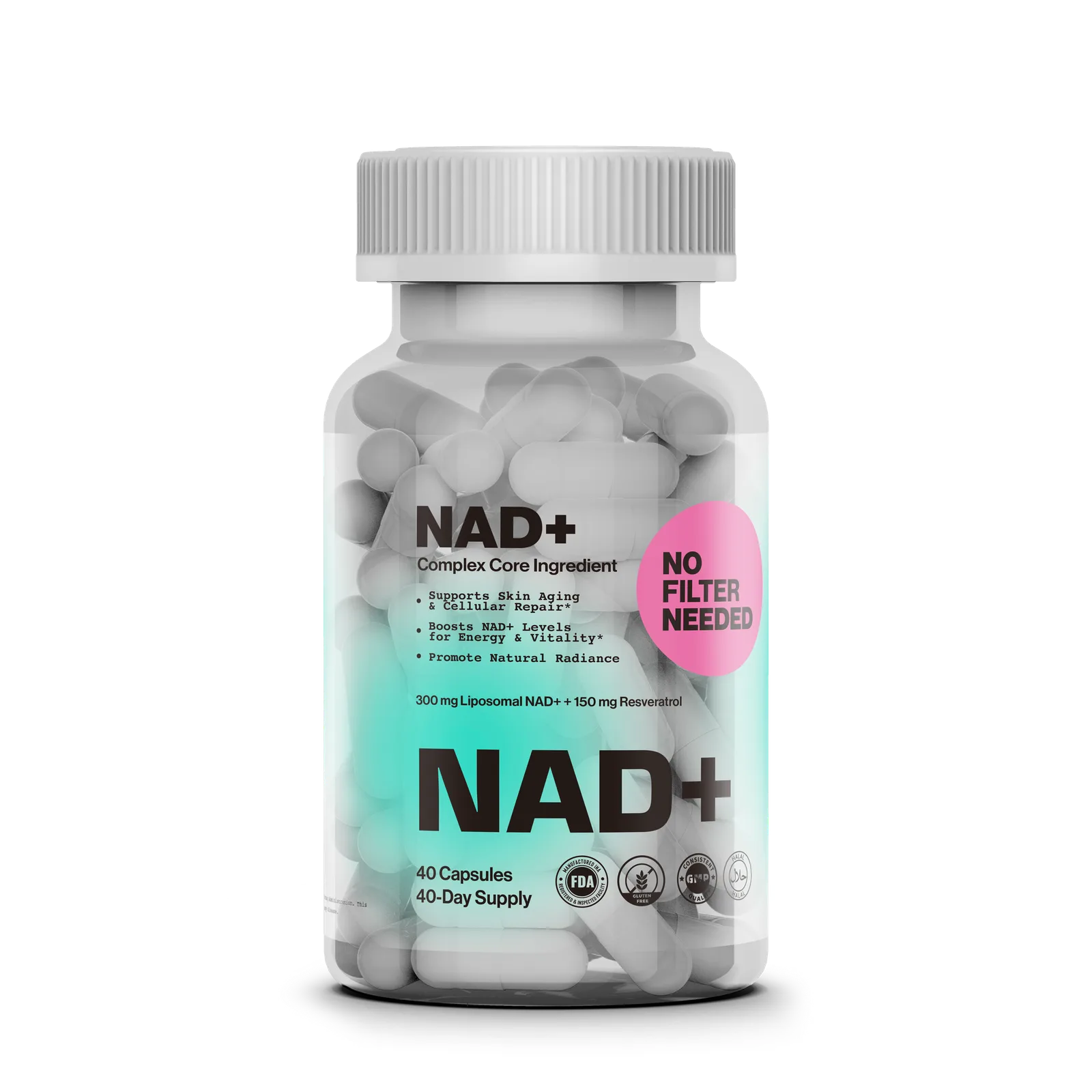 No Filter Needed, NAD+ Supplement Label Design, plate 1 of 8