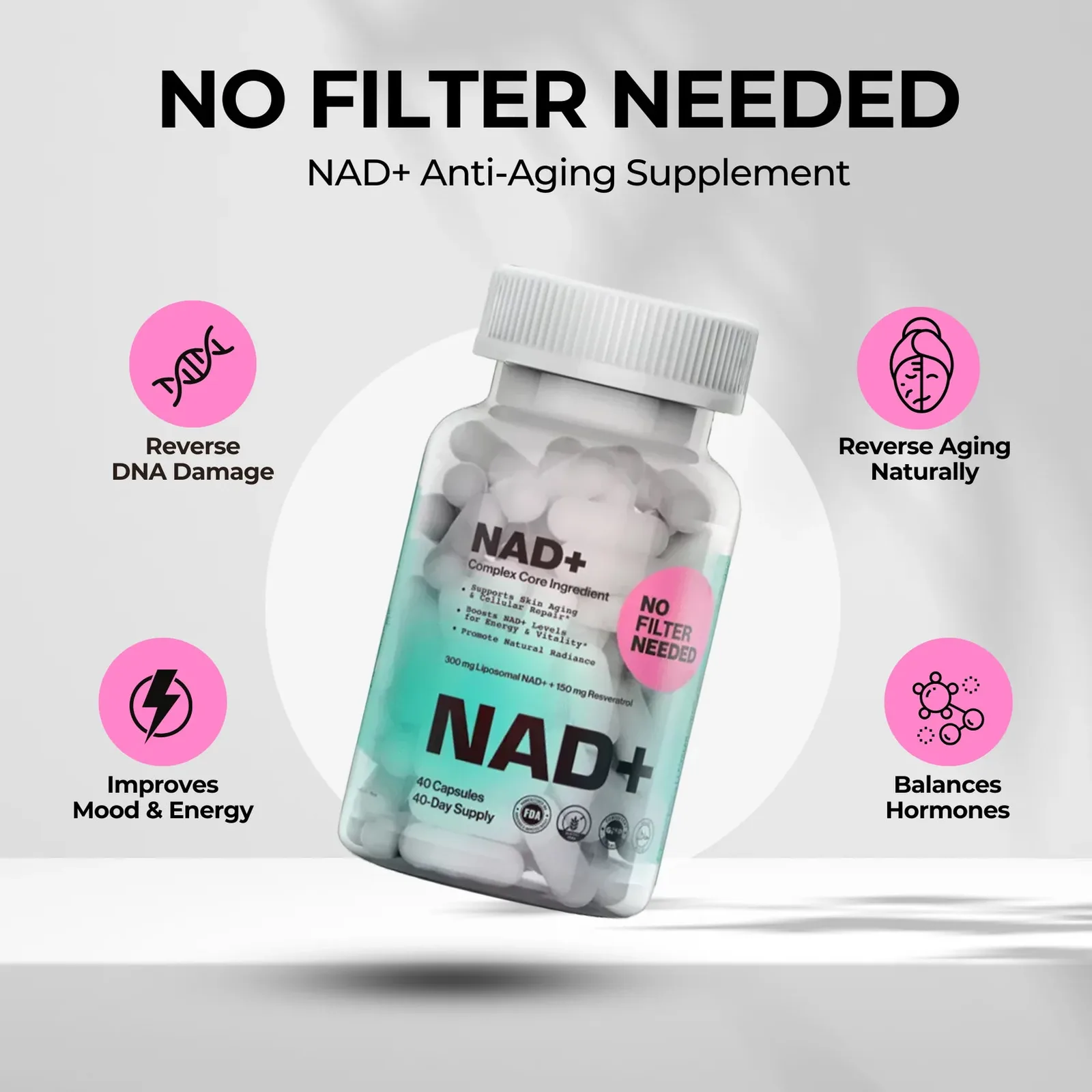 No Filter Needed, NAD+ Supplement Label Design, plate 3 of 8